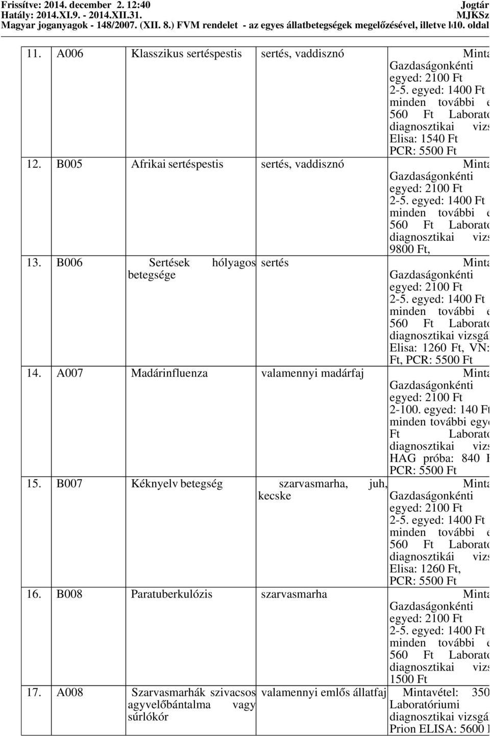 B006 Sertések hólyagos sertés Mintavétel: betegsége Elisa: 1260 Ft, VN: 2000 Ft, PCR: 5500 Ft 14. A007 Madárinfluenza valamennyi madárfaj Mintavétel: 2-100.