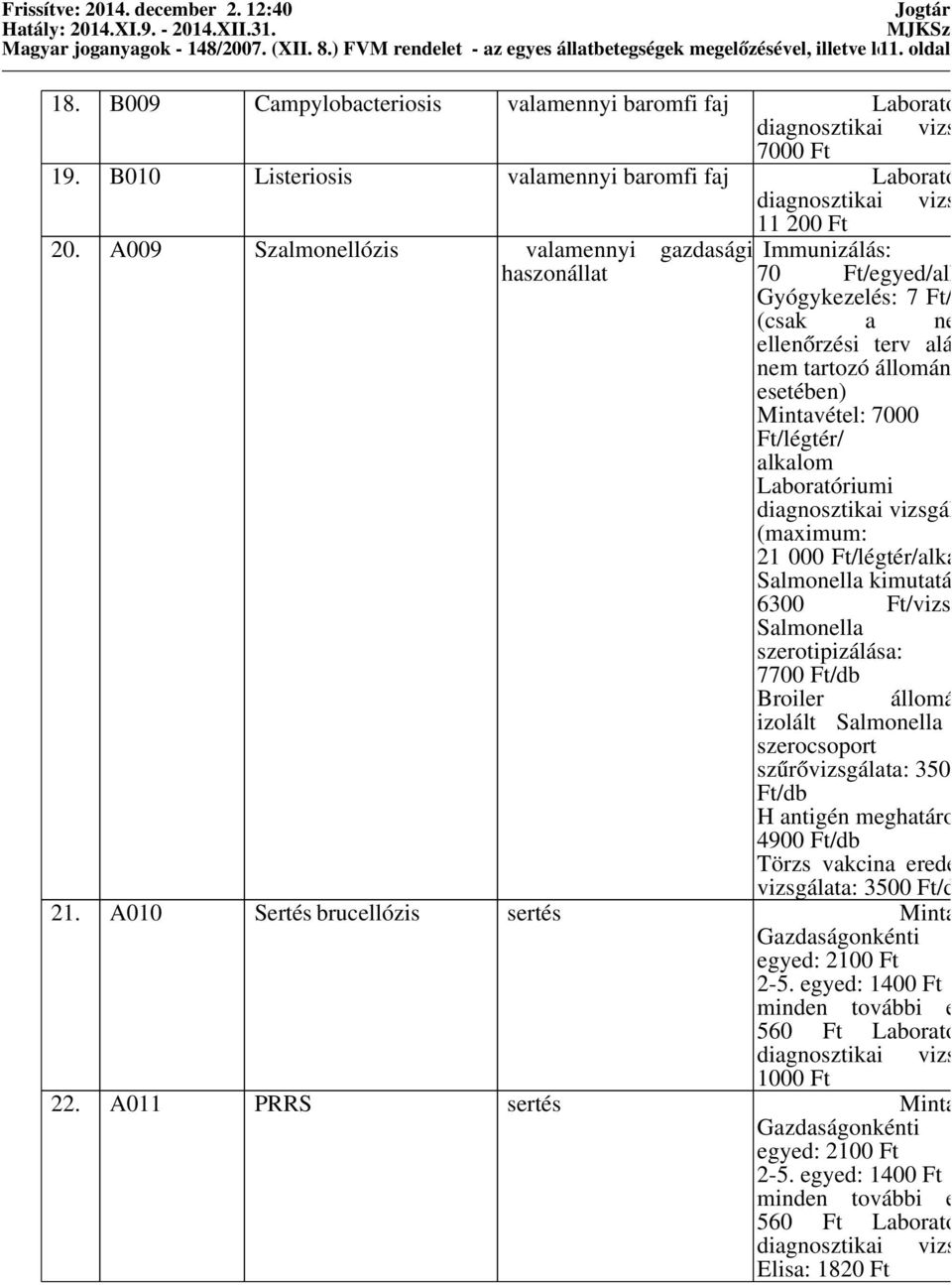 A009 Szalmonellózis valamennyi gazdasági Immunizálás: haszonállat 70 Ft/egyed/alkalom Gyógykezelés: 7 Ft/egyed (csak a nemzeti ellenőrzési terv alá még nem tartozó állományok esetében) Mintavétel: