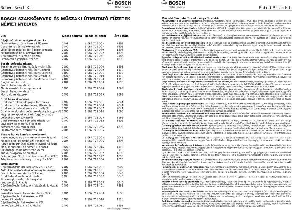 Generátorok és indítómotorok 2002 1 987 722 028 1598 Világítástechnika és törlő berendezések 2002 1 987 722 039 1598 Mikroelektronika a járművekben 2001 1 987 722 022 1598 Gépjárművek villamos