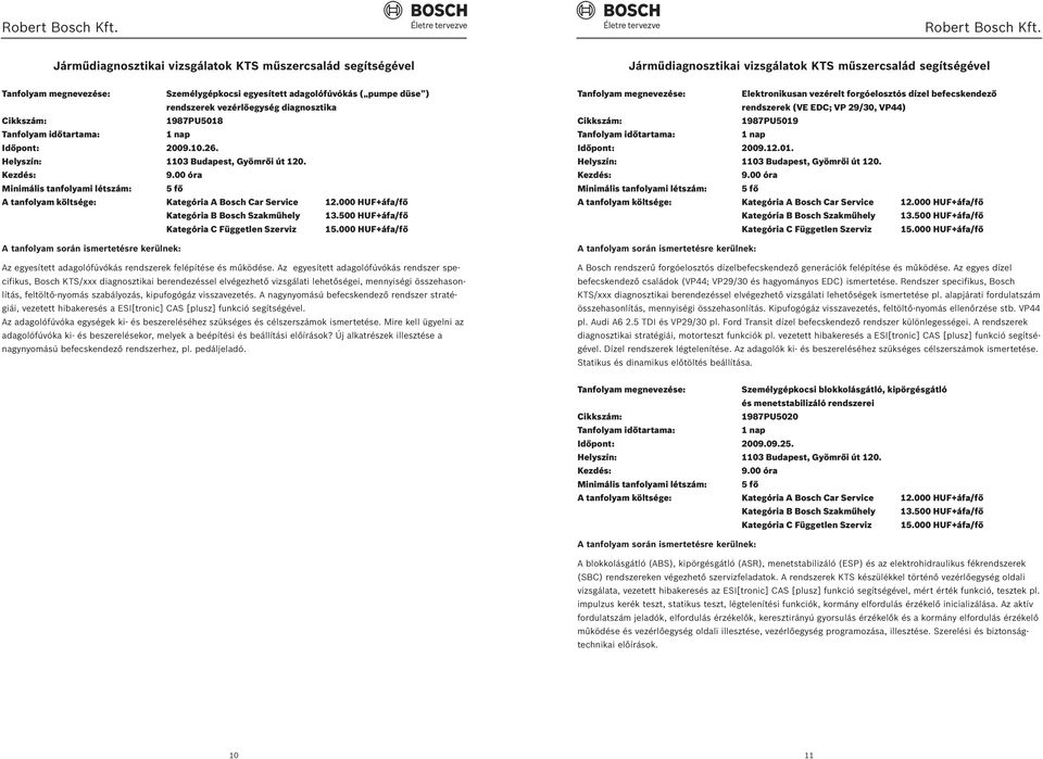 vezérlőegység diagnosztika 1987PU5018 Időpont: 2009.10.26. A tanfolyam költsége: Kategória A Bosch Car Service 12.000 HUF+áfa/fő Kategória B Bosch Szakműhely 13.