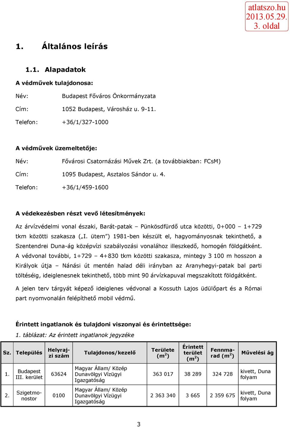 Telefon: +36/1/459-1600 A védekezésben részt vevő létesítmények: Az árvízvédelmi vonal északi, Barát-patak - Pünkösdfürdő utca közötti, 0+000-1+729 tkm közötti szakasza ( I.