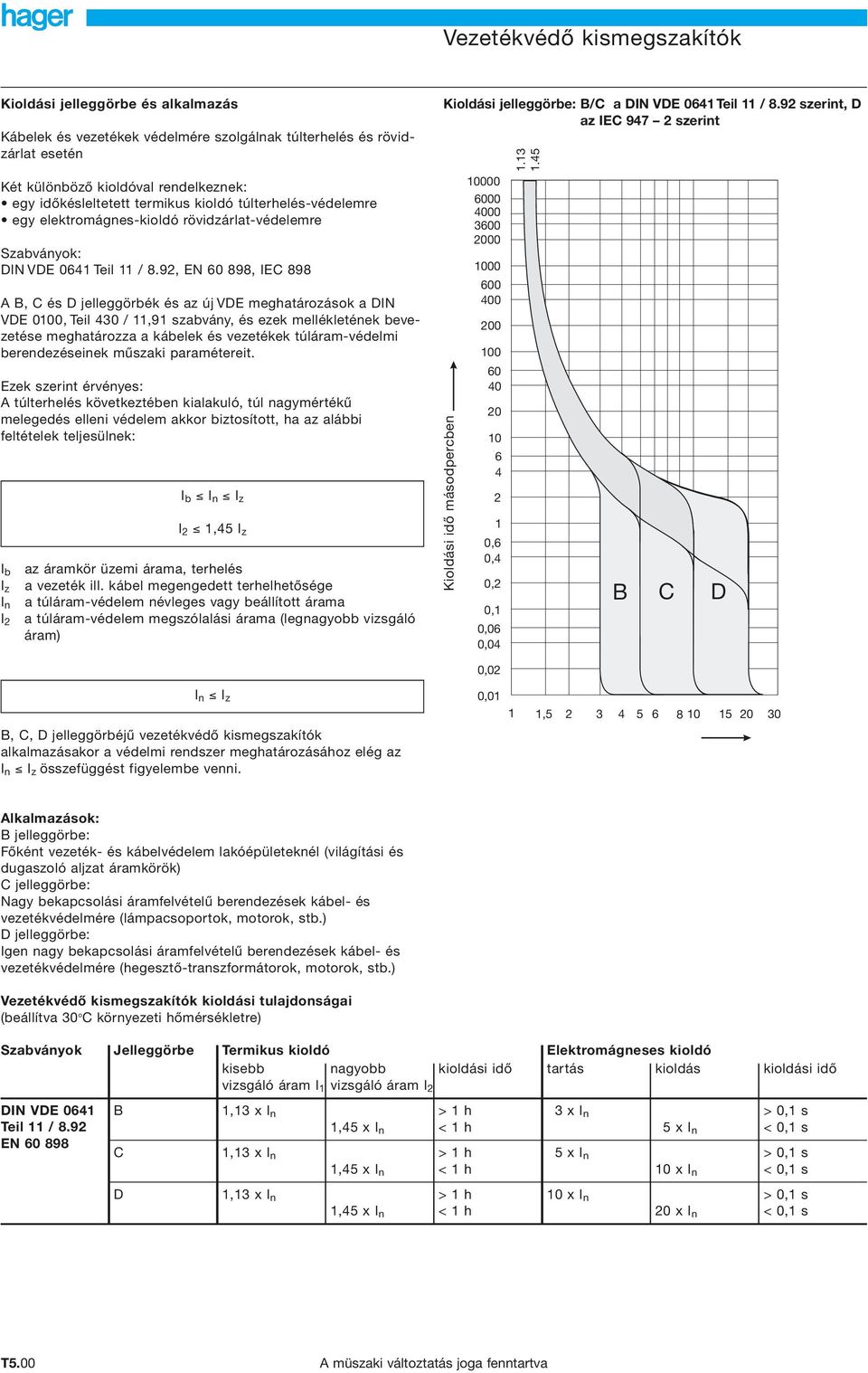 9, EN 60 898, IE 898 A B, és jelleggörbék és az új VE meghatározások a IN VE 000, Teil 30,9 szabvány, és ezek mellékletének bevezetése meghatározza a kábelek és vezetékek túláram-védelmi