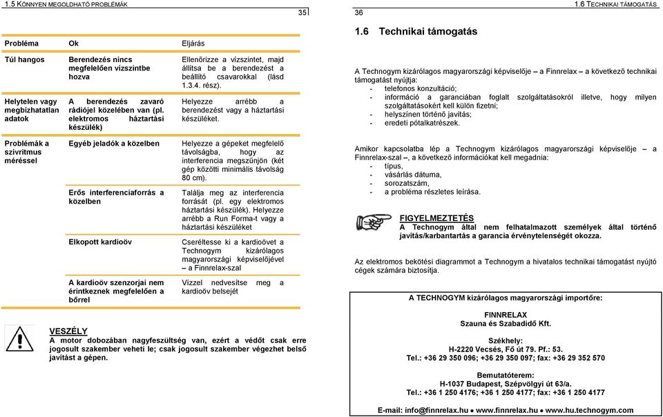 elektromos háztartási készülék) Ellenőrizze a vízszintet, majd állítsa be a berendezést a beállító csavarokkal (lásd 1.3.4. rész). Helyezze arrébb a berendezést vagy a háztartási készüléket.