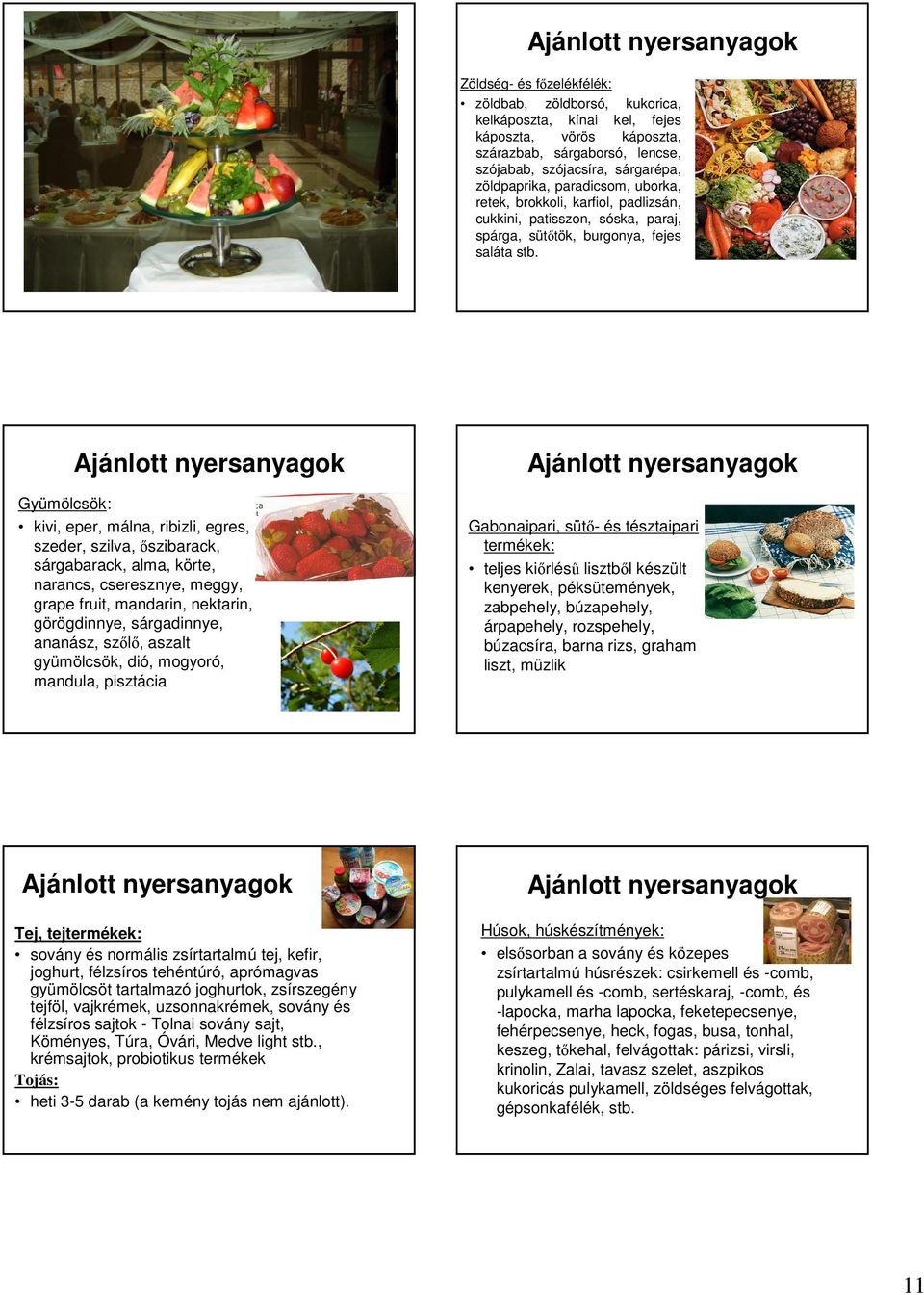 Ajánlott nyersanyagok Gyümölcsök: kivi, eper, málna, ribizli, egres, szeder, szilva, őszibarack, sárgabarack, alma, körte, narancs, cseresznye, meggy, grape fruit, mandarin, nektarin, görögdinnye,