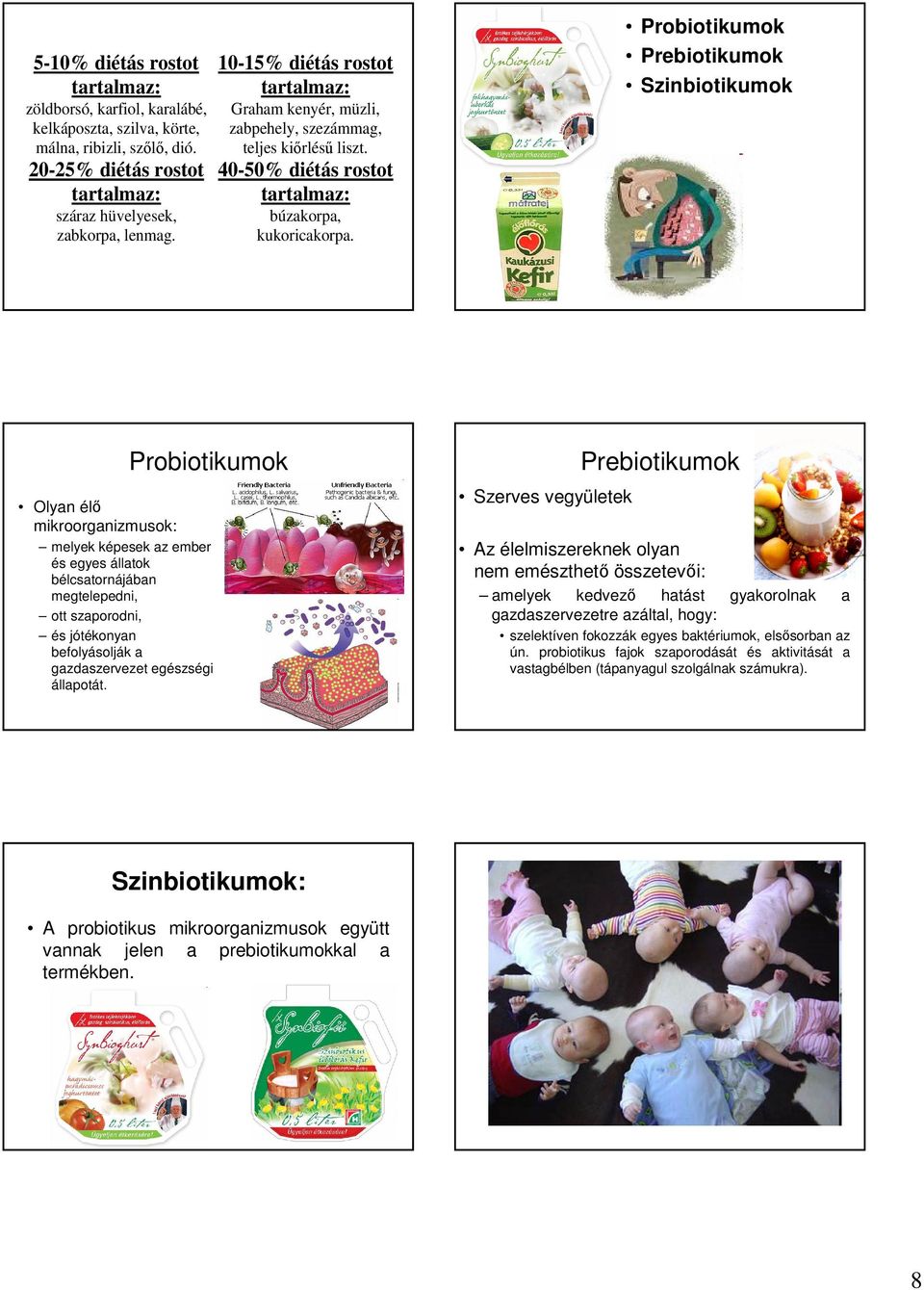 Probiotikumok Prebiotikumok Szinbiotikumok Probiotikumok Olyan élő mikroorganizmusok: melyek képesek az ember és egyes állatok bélcsatornájában megtelepedni, ott szaporodni, és jótékonyan