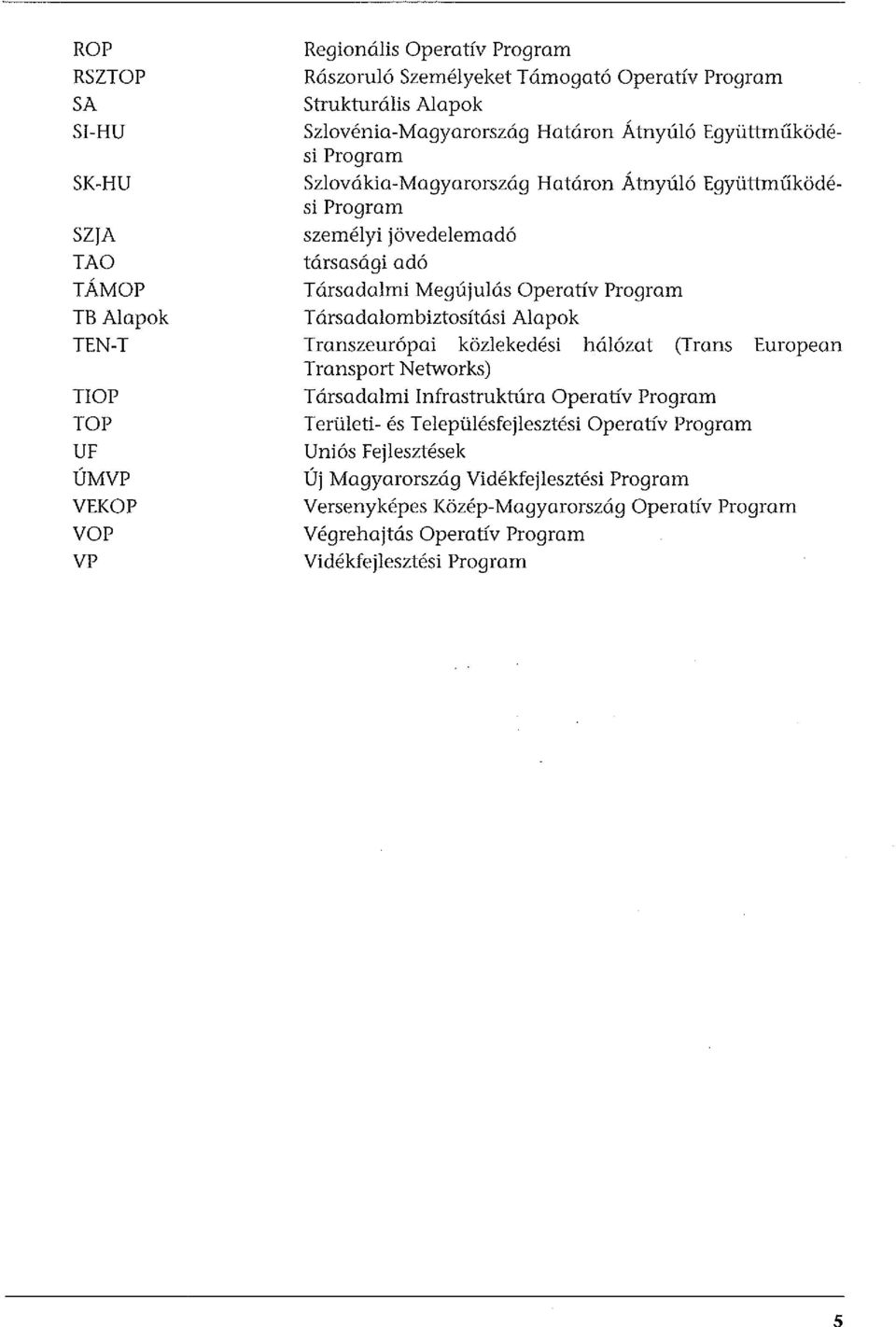 Operatív Program Társadalombiztosítási Alapok Transzeurópai közlekedési hálózat (Trans European Transport Networks) Társadalmi Infrastruktúra Operatív Program Területi- és