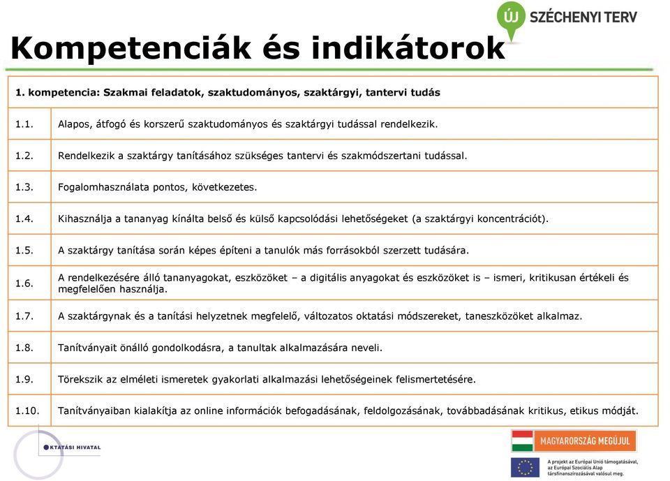 Kihasználja a tananyag kínálta belső és külső kapcsolódási lehetőségeket (a szaktárgyi koncentrációt). 1.5. A szaktárgy tanítása során képes építeni a tanulók más forrásokból szerzett tudására. 1.6.