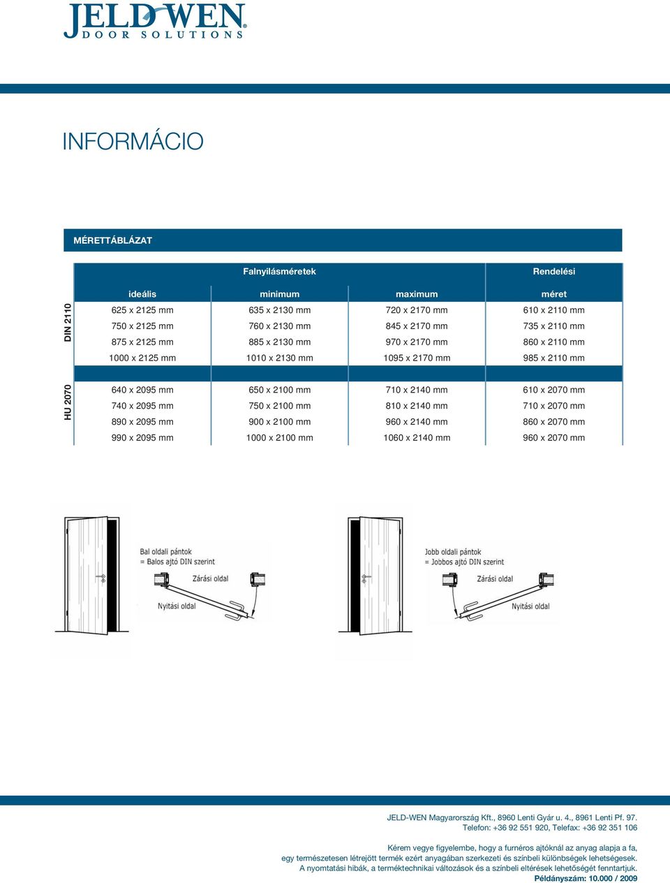 x 2100 mm 810 x 2140 mm 710 x 2070 mm 890 x 2095 mm 900 x 2100 mm 960 x 2140 mm 860 x 2070 mm 990 x 2095 mm 1000 x 2100 mm 1060 x 2140 mm 960 x 2070 mm JELD-WEN Magyarország Kft., 8960 Lenti Gyár u.