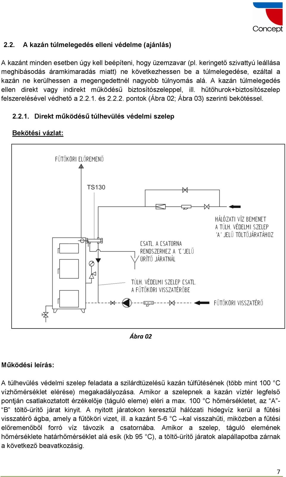 A kazán túlmelegedés ellen direkt vagy indirekt működésű biztosítószeleppel, ill. hűtőhurok+biztosítószelep felszerelésével védhető a 2.2.1.