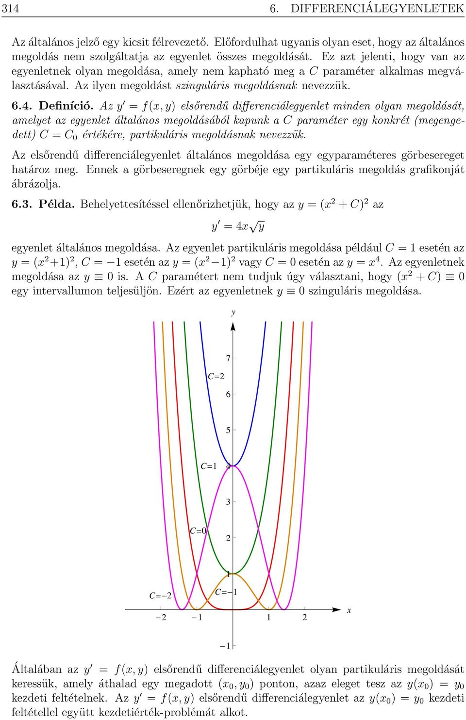 Az y = f(, y) elsőrendű differenciálegyenlet minden olyan megoldását, amelyet az egyenlet általános megoldásából kapunk a C paraméter egy konkrét (megengedett) C = C 0 értékére, partikuláris