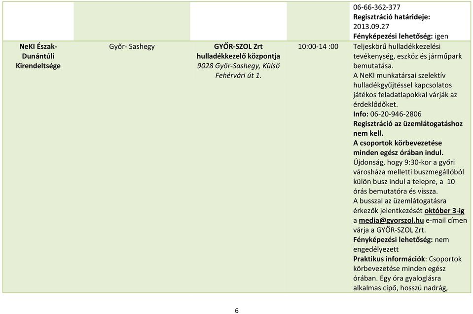 A csoportok körbevezetése minden egész órában indul. Újdonság, hogy 9:30-kor a győri városháza melletti buszmegállóból külön busz indul a telepre, a 10 órás bemutatóra és vissza.