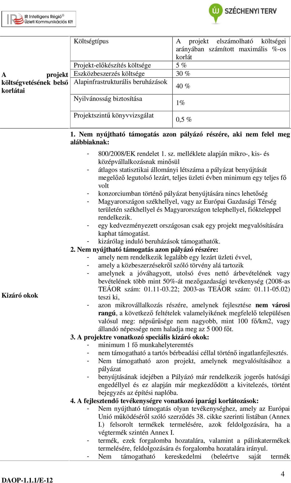 Nem nyújtható támogatás azon pályázó részére, aki nem felel meg alábbiaknak: - 800/2008/EK rendelet 1. sz.