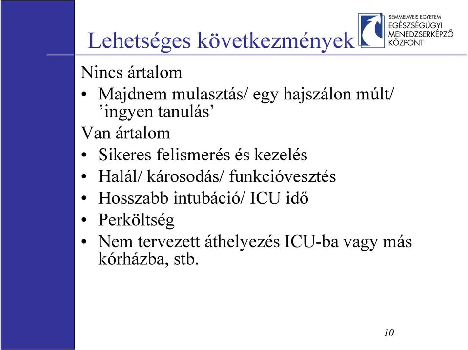 kezelés Halál/ károsodás/ funkcióvesztés Hosszabb intubáció/ ICU