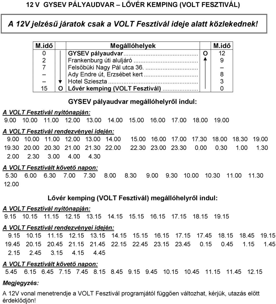 .. 0 GYSEV pályaudvar megállóhelyről indul: A VOLT Fesztivál nyitónapján: 9.00 10.00 11.00 12.00 13.00 14.00 15.00 16.00 17.00 18.00 19.00 A VOLT Fesztivál rendezvényei idején: 9.00 10.00 11.00 12.00 13.00 14.00 15.00 16.00 17.00 17.30 18.