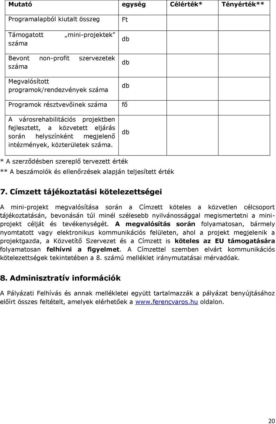 db fő db * A szerződésben szereplő tervezett érték ** A beszámolók és ellenőrzések alapján teljesített érték 7.