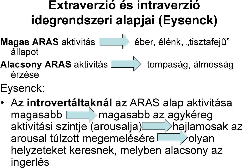 introvertáltaknál az ARAS alap aktivitása magasabb magasabb az agykéreg aktivitási szintje