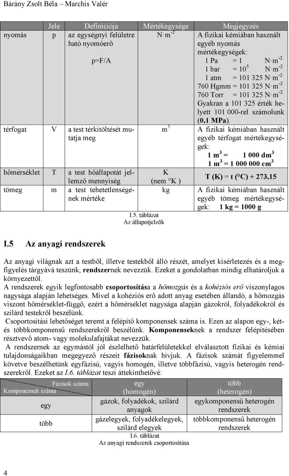 táblázat Az állapotjelzők m 3 K (nem K ) kg A fizikai kémiában használt egyéb nyomás mértékegységek: 1 Pa = 1 N m -2 1 bar = 10 5 N m -2 1 atm = 101 325 N m -2 760 Hgmm = 101 325 N m -2 760 Torr =