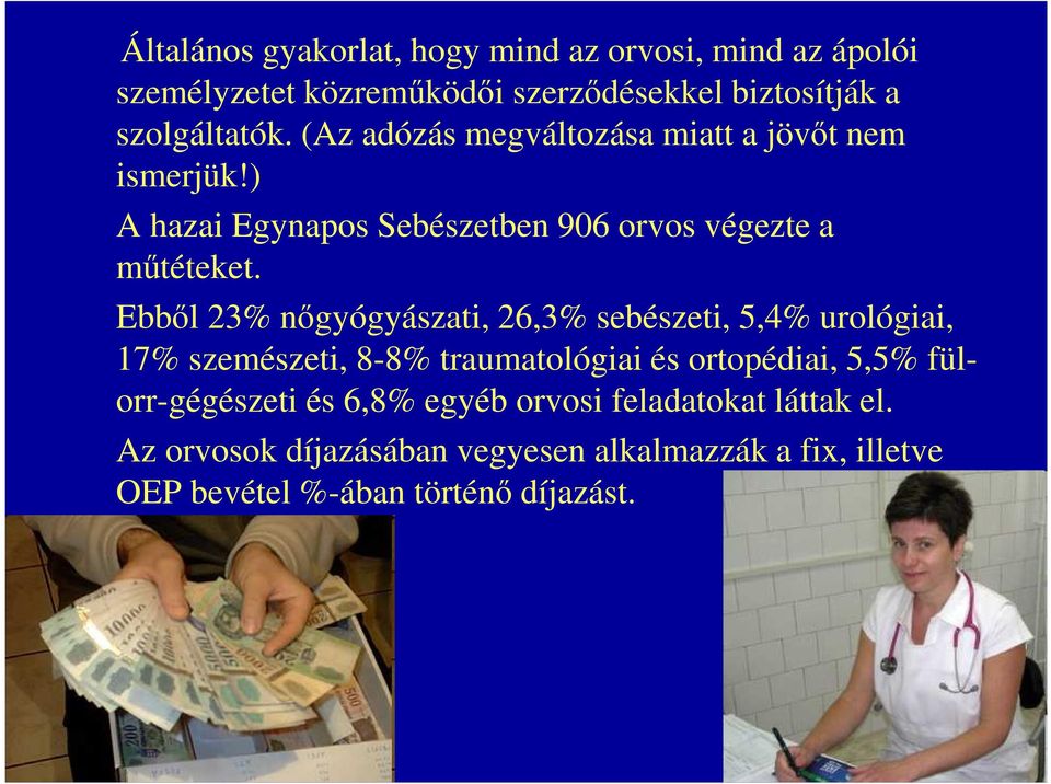 Ebből 23% nőgyógyászati, 26,3% sebészeti, 5,4% urológiai, 17% szemészeti, 8-8% traumatológiai és ortopédiai, 5,5%