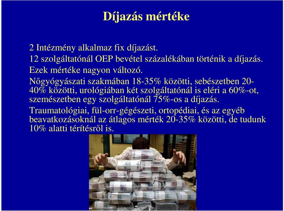 Nőgyógyászati szakmában 18-35% közötti, sebészetben 20-40% közötti, urológiában két szolgáltatónál is eléri a