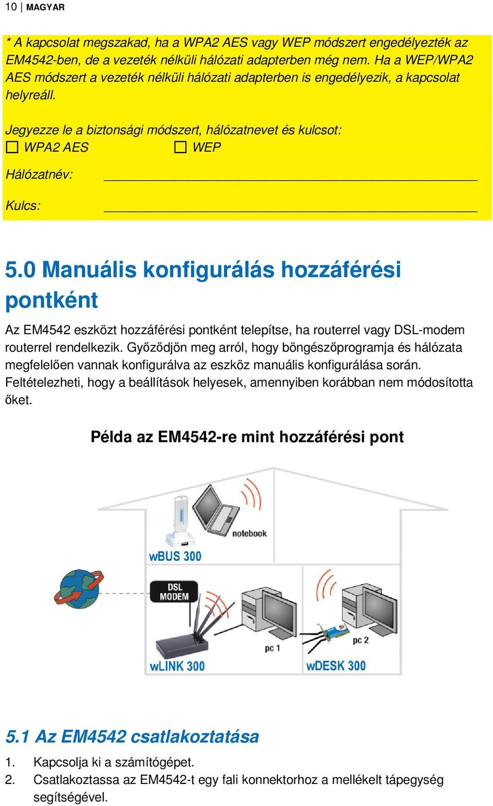 0 Manuális konfigurálás hozzáférési pontként Az EM4542 eszközt hozzáférési pontként telepítse, ha routerrel vagy DSL-modem routerrel rendelkezik.