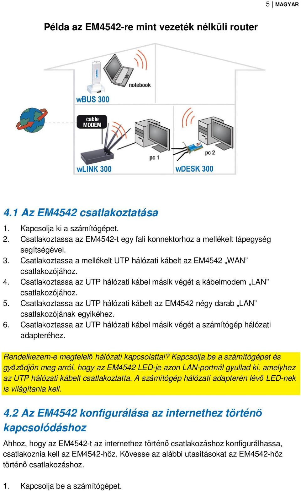 Csatlakoztassa az UTP hálózati kábel másik végét a kábelmodem LAN csatlakozójához. 5. Csatlakoztassa az UTP hálózati kábelt az EM4542 négy darab LAN csatlakozójának egyikéhez. 6.