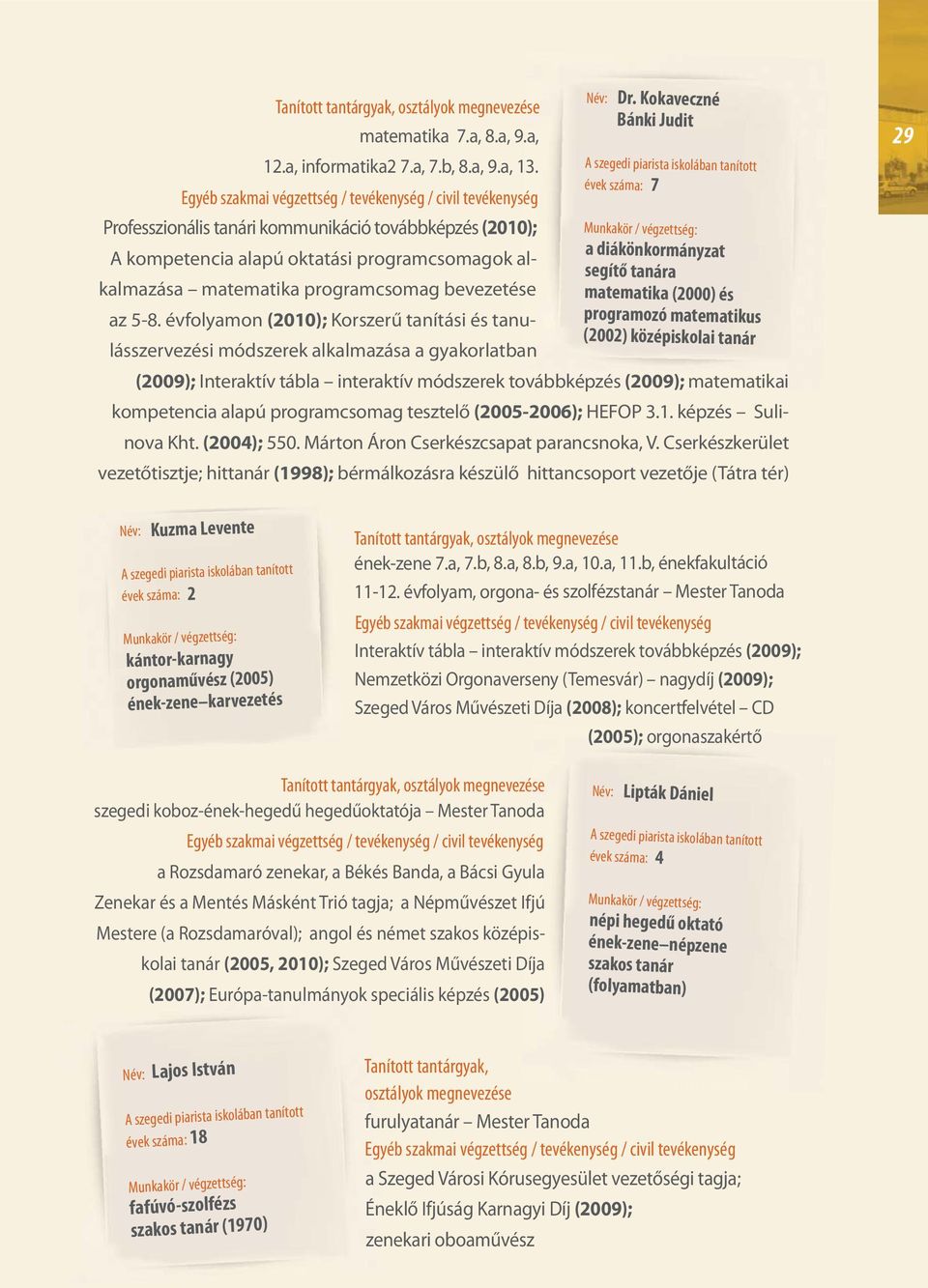 évfolyamon (2010); Korszerű tanítási és tanulásszervezési módszerek alkalmazása a gyakorlatban (2009); Interaktív tábla interaktív módszerek továbbképzés (2009); matematikai kompetencia alapú
