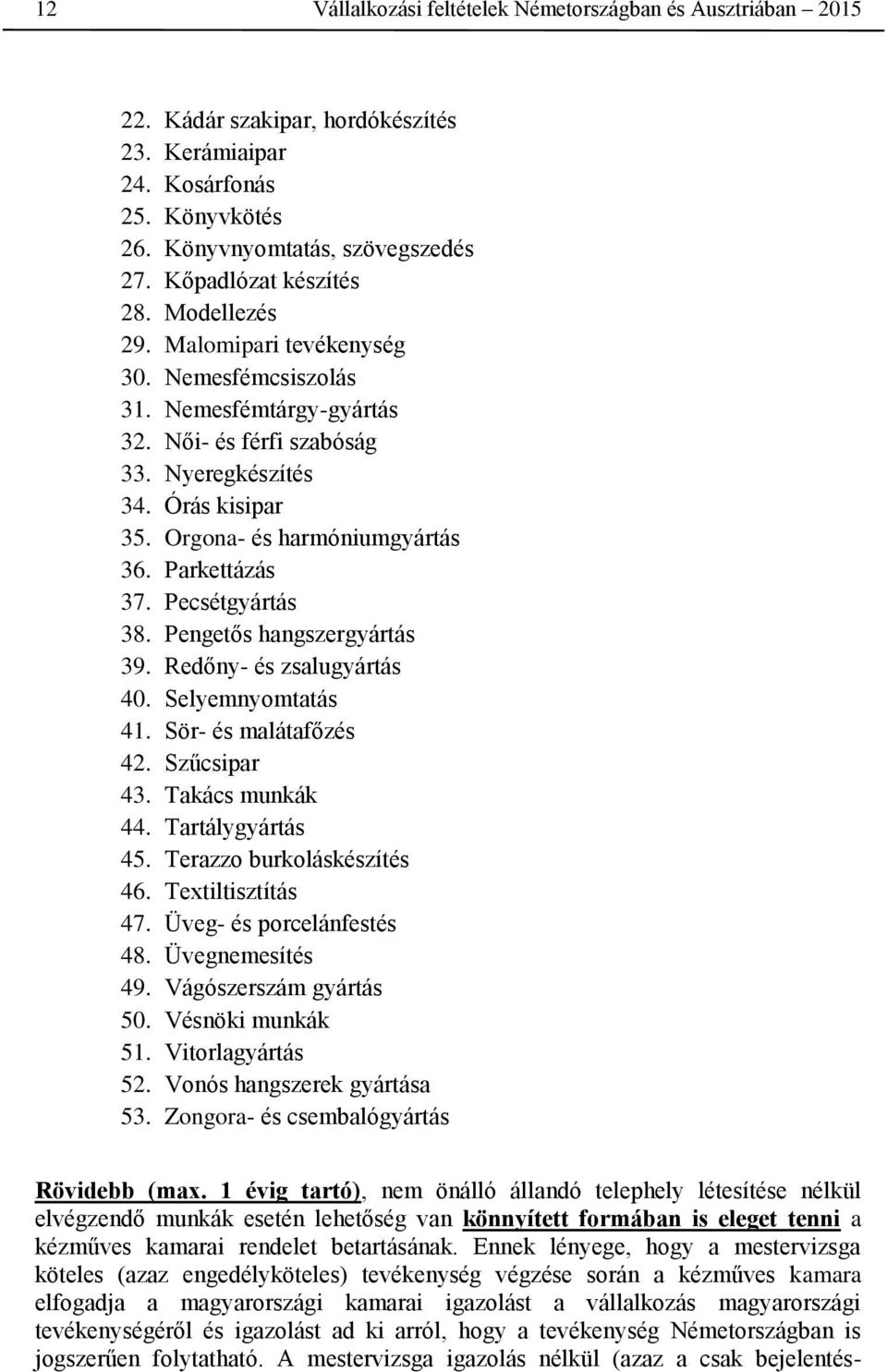 Orgona- és harmóniumgyártás 36. Parkettázás 37. Pecsétgyártás 38. Pengetős hangszergyártás 39. Redőny- és zsalugyártás 40. Selyemnyomtatás 41. Sör- és malátafőzés 42. Szűcsipar 43. Takács munkák 44.