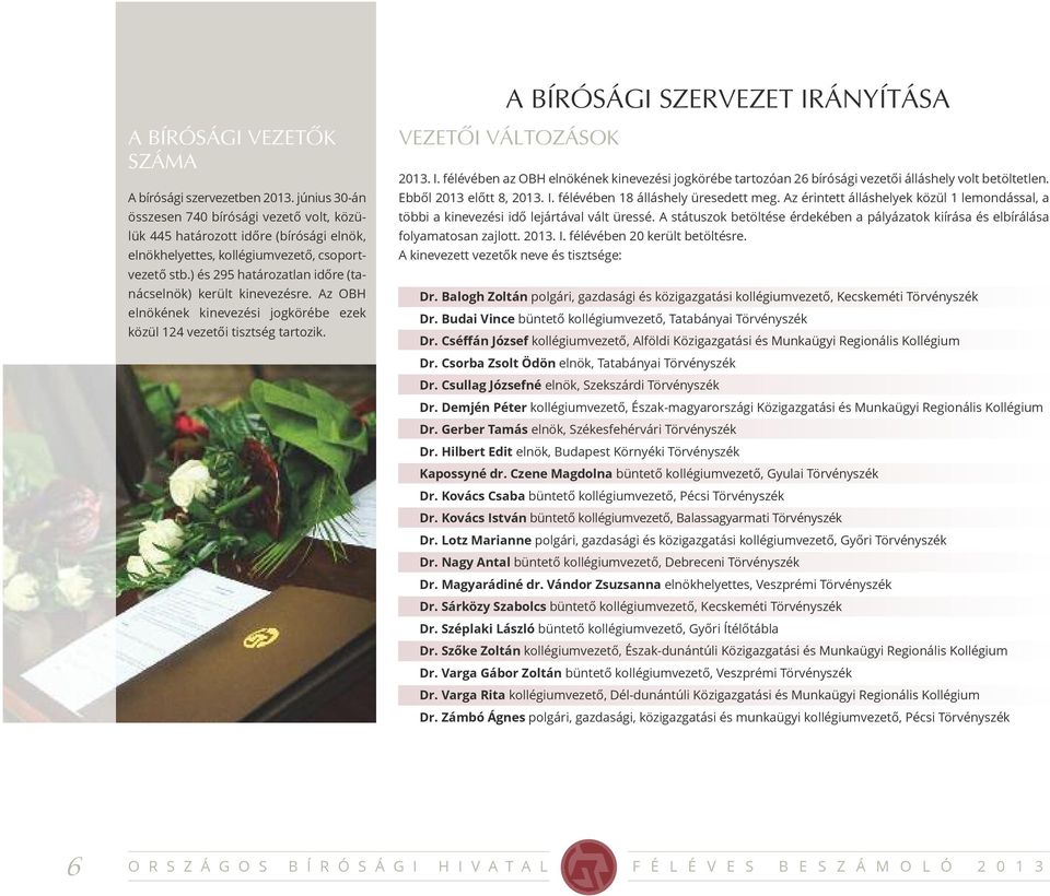 ) és 295 határozatlan időre (tanácselnök) került kinevezésre. Az OBH elnökének kinevezési jogkörébe ezek közül 124 vezetői tisztség tartozik. VEZETÔI VÁLTOZÁSOK 2013. I.