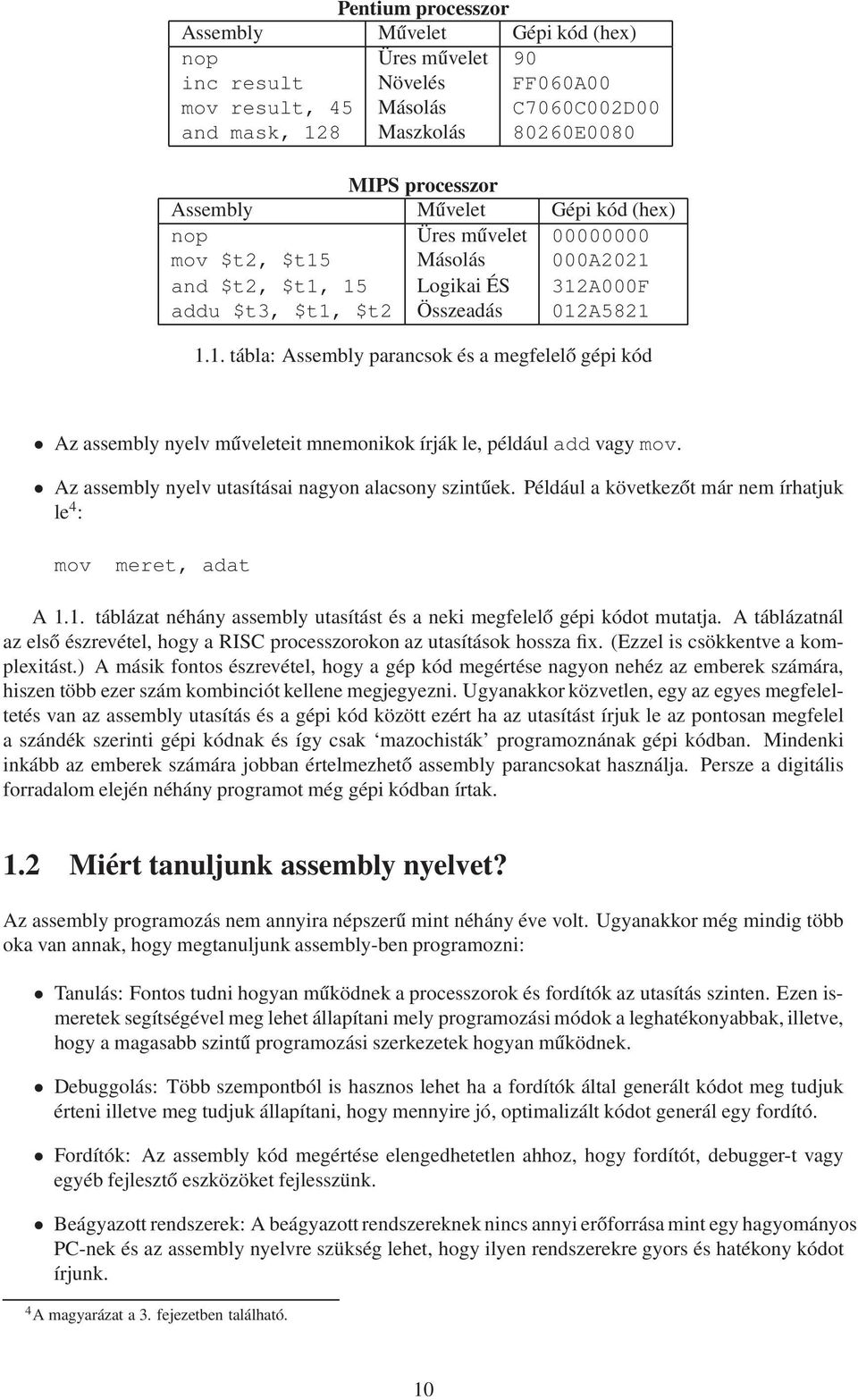 Az assembly nyelv utasításai nagyon alacsony szintűek. Például a következőt már nem írhatjuk le 4 : mov meret, adat A 1.1. táblázat néhány assembly utasítást és a neki megfelelő gépi kódot mutatja.
