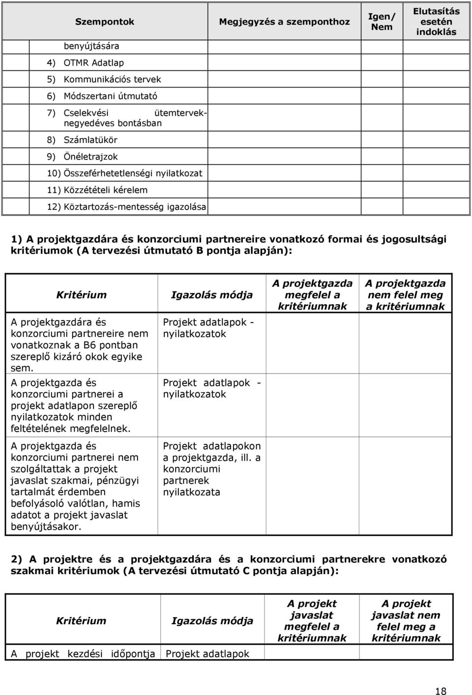 jogosultsági kritériumok (A tervezési útmutató B pontja alapján): Kritérium Igazolás módja A projektgazda megfelel a kritériumnak A projektgazda nem felel meg a kritériumnak A projektgazdára és