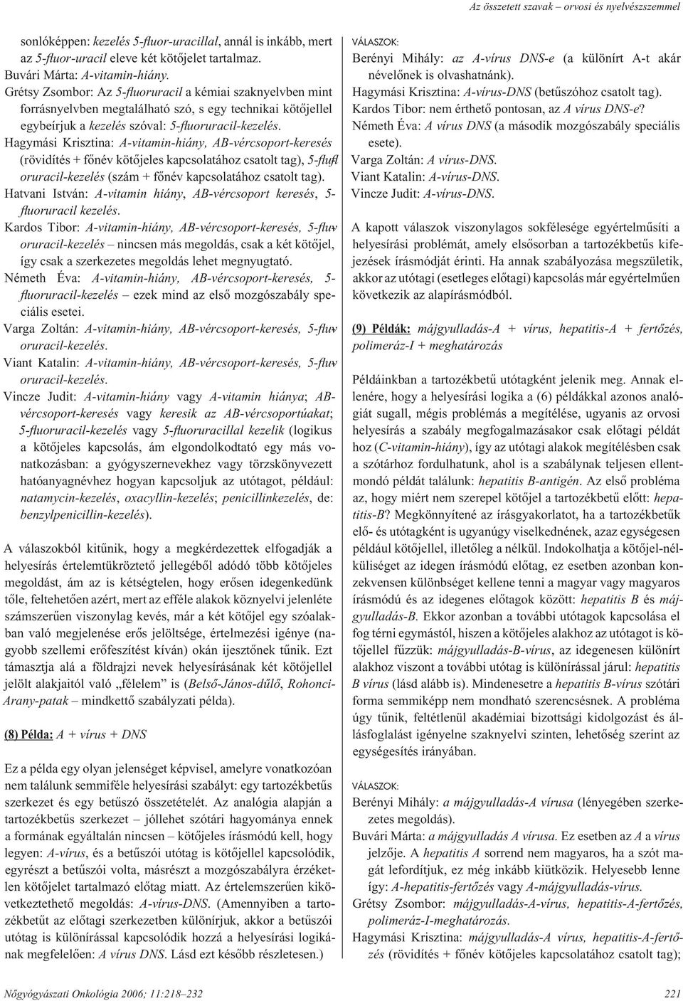 Hagymási Krisztina: A-vitamin-hiány, AB-vércsoport-keresés (rövidítés + fônév kötôjeles kapcsolatához csatolt tag), 5-flufloruracil-kezelés (szám + fônév kapcsolatához csatolt tag).