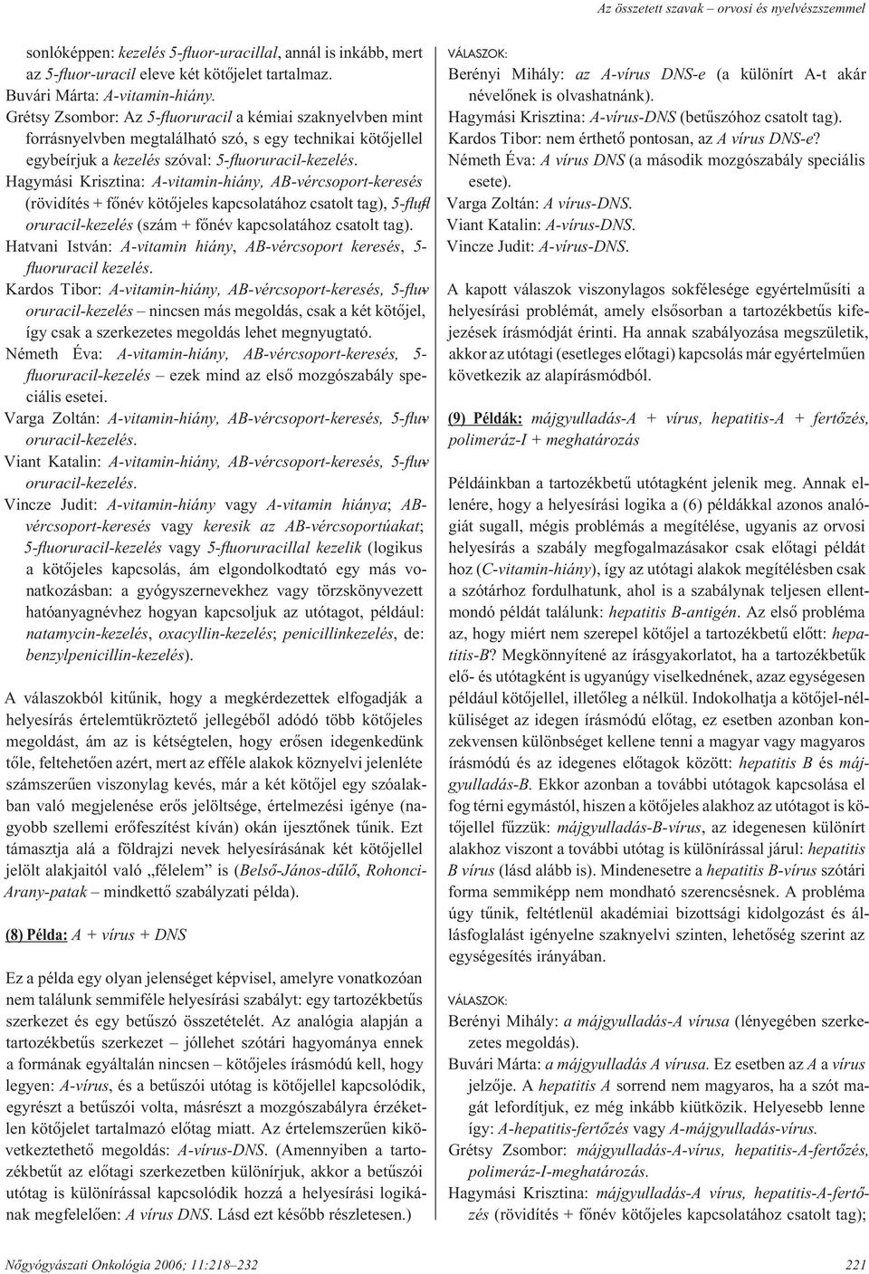 Hagymási Krisztina: A-vitamin-hiány, AB-vércsoport-keresés (rövidítés + fônév kötôjeles kapcsolatához csatolt tag), 5-flufloruracil-kezelés (szám + fônév kapcsolatához csatolt tag).