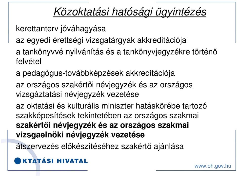 vizsgáztatási névjegyzék vezetése az oktatási és kulturális miniszter hatáskörébe tartozó szakképesítések tekintetében az országos