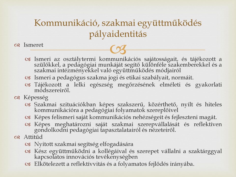 Képesség Szakmai szituációkban képes szakszerű, közérthető, nyílt és hiteles kommunikációra a pedagógiai folyamatok szereplőivel Képes felismeri saját kommunikációs nehézségeit és fejleszteni magát.