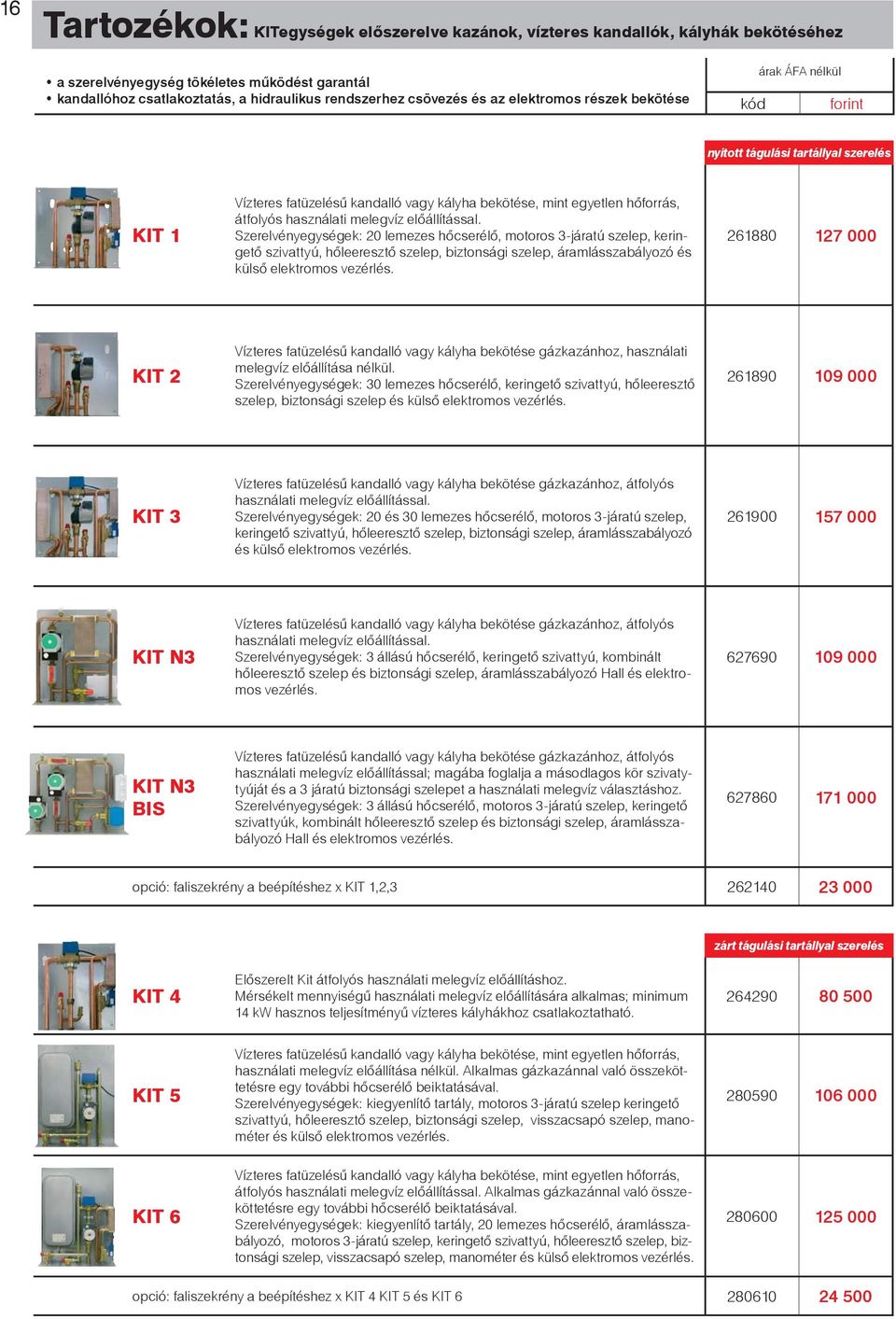 Szerelvényegységek: 20 lemezes hőcserélő, motoros 3-járatú szelep, keringető szivattyú, hőleeresztő szelep, biztonsági szelep, áramlásszabályozó és külső elektromos vezérlés.