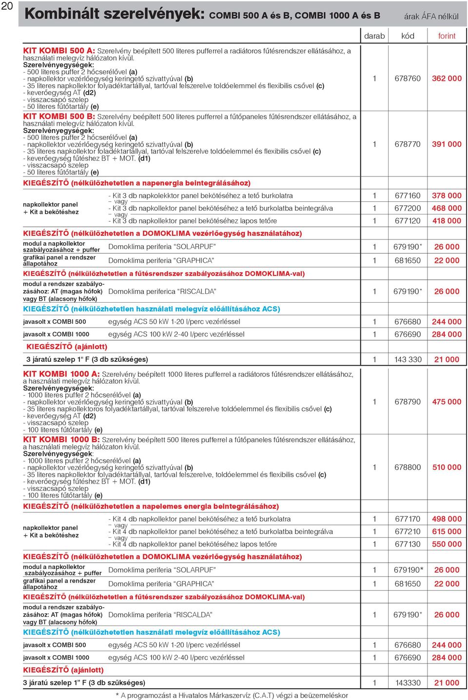 Szerelvényegységek: - 500 literes puffer 2 hőcserélővel (a) - napkollektor vezérlőegység keringető szivattyúval (b) - 35 literes napkollektor folyadéktartállyal, tartóval felszerelve toldóelemmel és