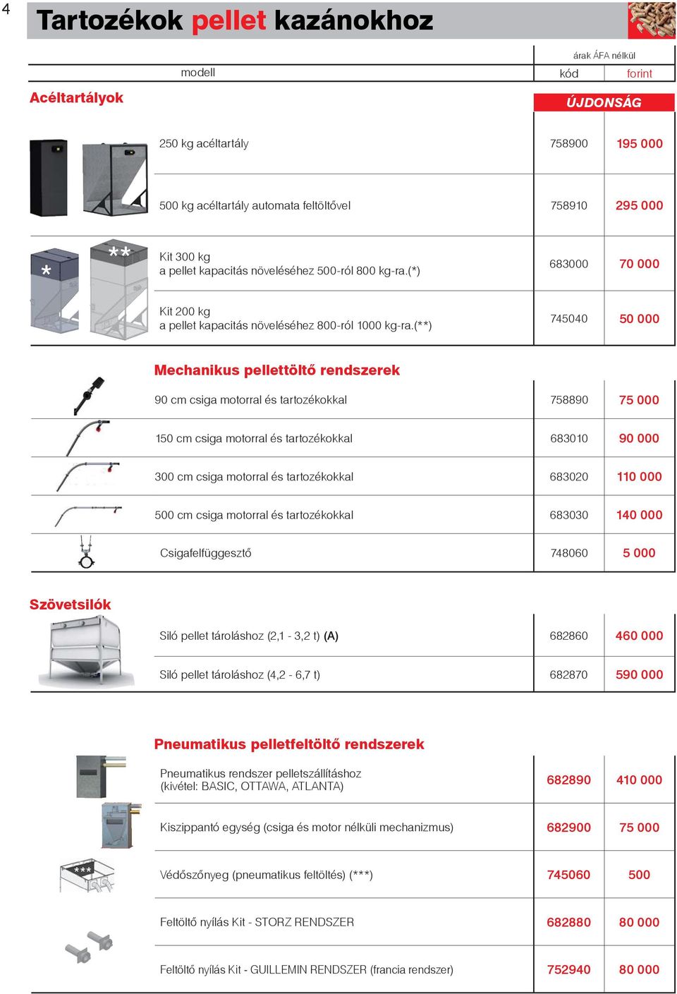 (**) 745040 50 000 Mechanikus pellettöltő rendszerek 90 cm csiga motorral és tartozékokkal 758890 75 000 150 cm csiga motorral és tartozékokkal 683010 90 000 300 cm csiga motorral és tartozékokkal