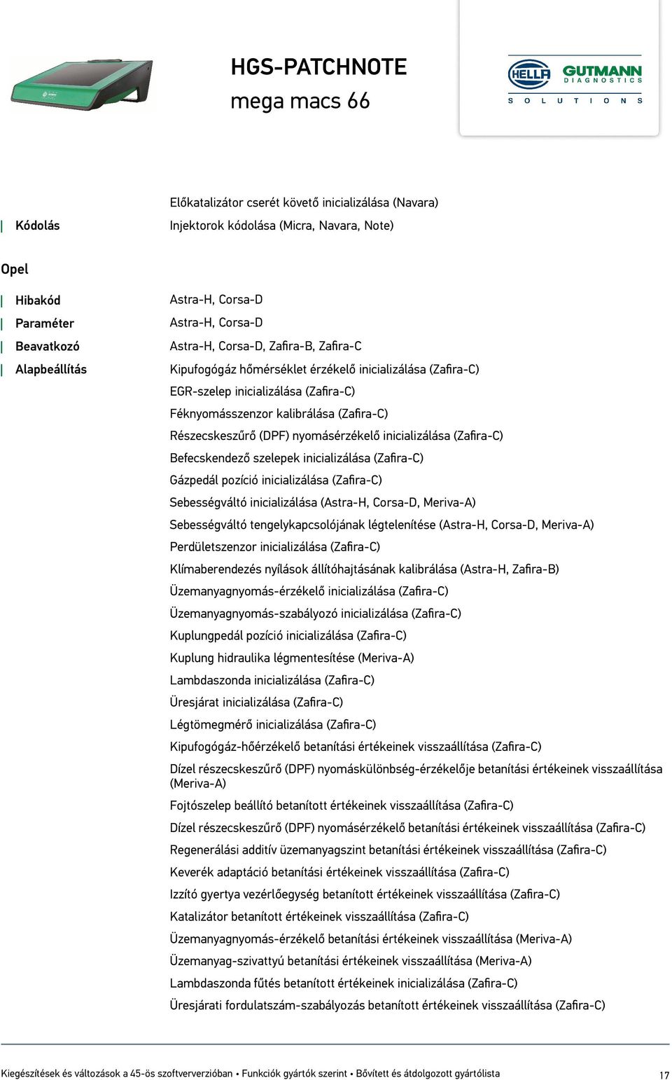 inicializálása (Zafira-C) Befecskendező szelepek inicializálása (Zafira-C) Gázpedál pozíció inicializálása (Zafira-C) Sebességváltó inicializálása (Astra-H, Corsa-D, Meriva-A) Sebességváltó