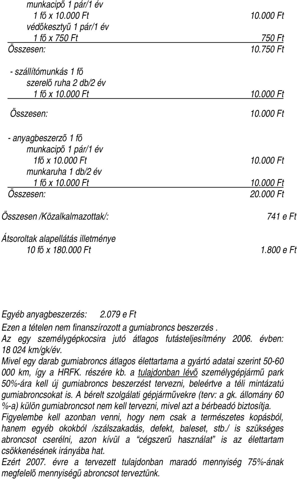 079 e Ft Ezen a tételen nem finanszírozott a gumiabroncs beszerzés. Az egy személygépkocsira jutó átlagos futásteljesítmény 2006. évben: 18 024 km/gk/év.
