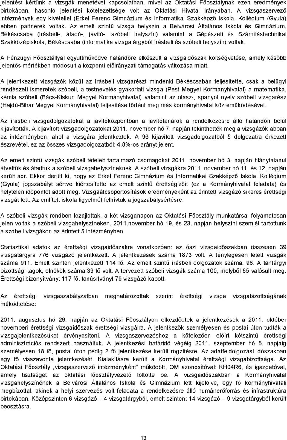 Az emelt szintű vizsga helyszín a Belvárosi Általános Iskola és Gimnázium, Békéscsaba (írásbeli-, átadó-, javító-, szóbeli helyszín) valamint a Gépészeti és Számítástechnikai Szakközépiskola,