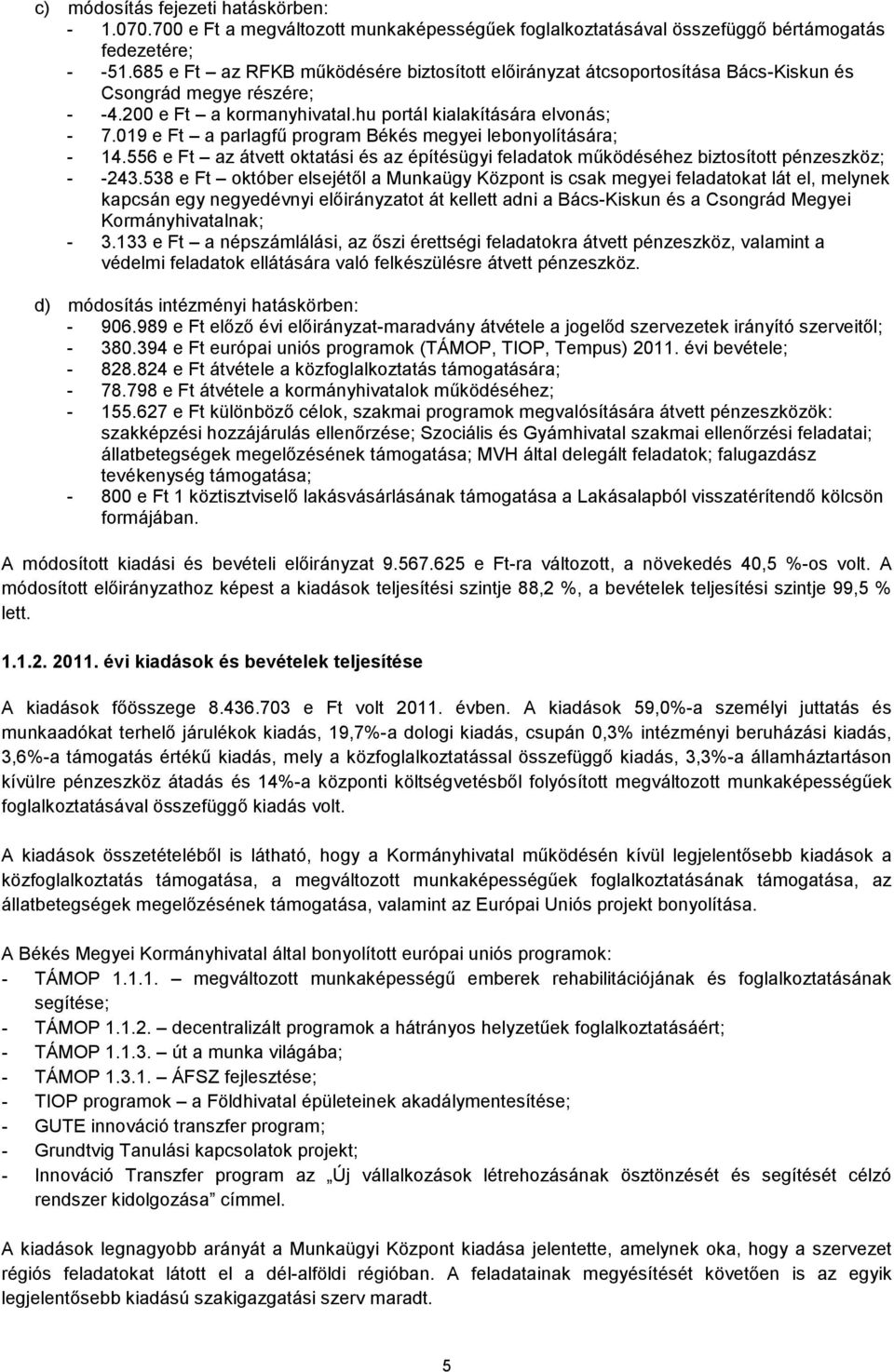 19 e Ft a parlagfű program Békés megyei lebonyolítására; 14.556 e Ft az átvett oktatási és az építésügyi feladatok működéséhez biztosított pénzeszköz; -243.