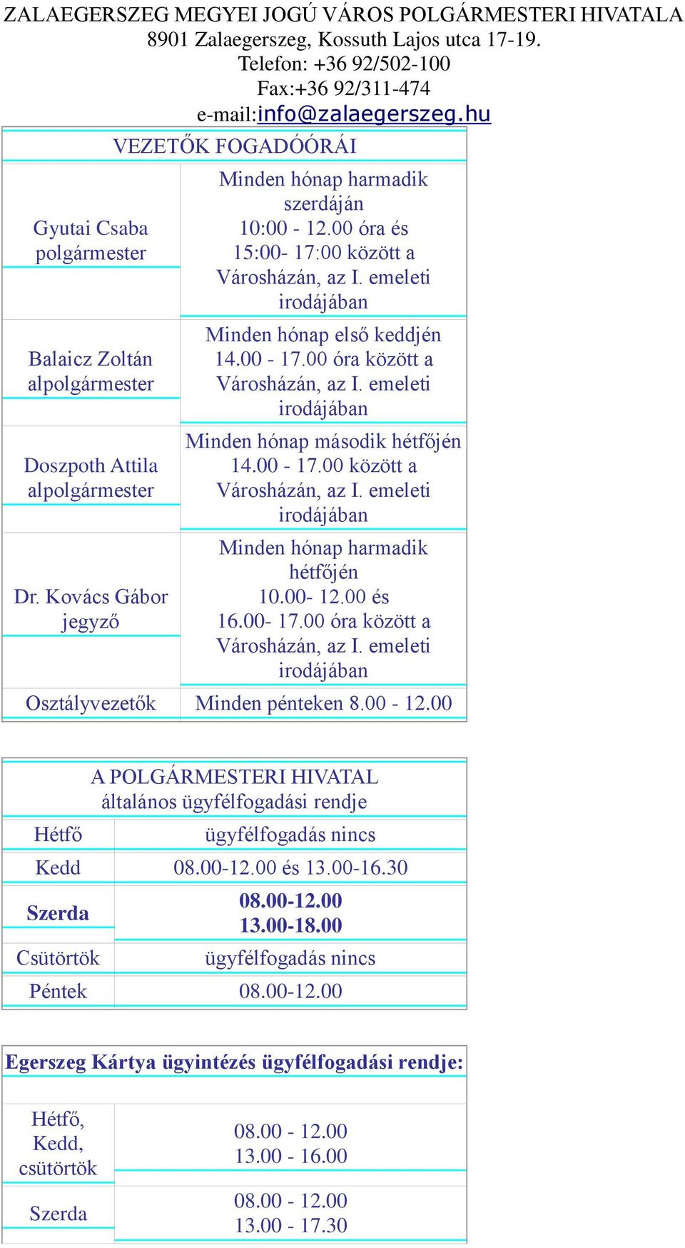 00 óra és 15:00-17:00 között a Minden hónap első keddjén 14.00-17.00 óra között a Minden hónap második hétfőjén 14.00-17.00 között a hétfőjén 10.00-12.