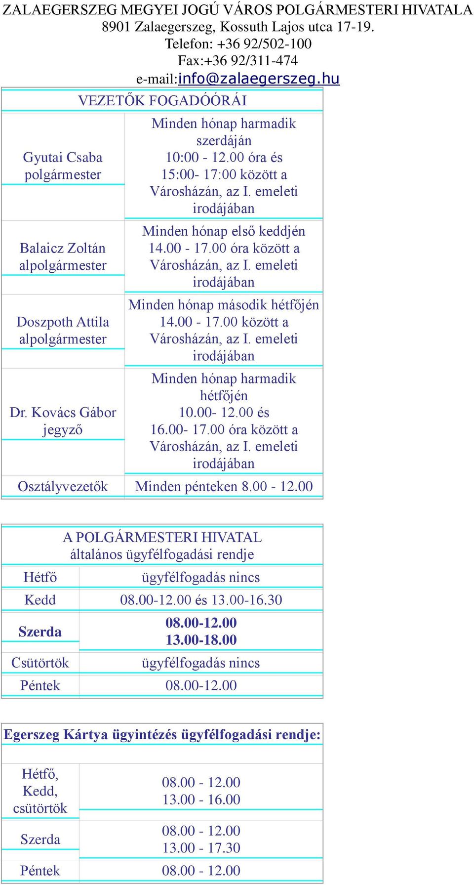 00 óra és 15:00-17:00 között a Minden hónap első keddjén 14.00-17.00 óra között a Minden hónap második hétfőjén 14.00-17.00 között a hétfőjén 10.00-12.00 és 16.