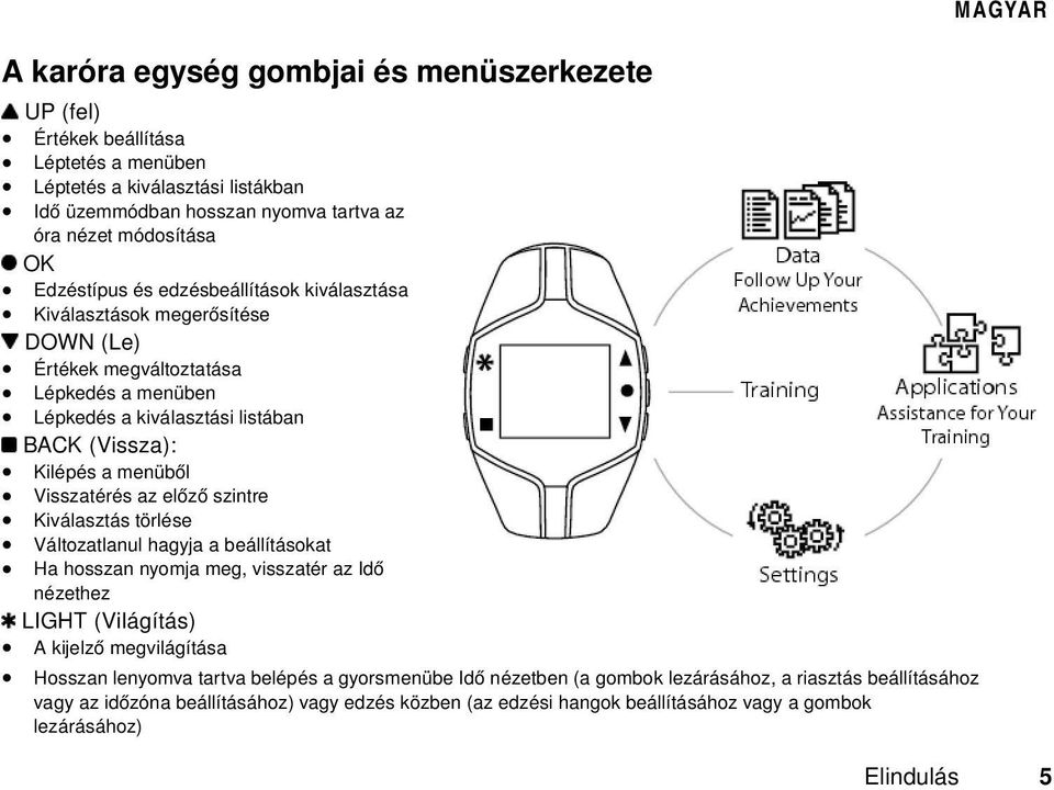 Visszatérés az előző szintre Kiválasztás törlése Változatlanul hagyja a beállításokat Ha hosszan nyomja meg, visszatér az Idő nézethez LIGHT (Világítás) A kijelző megvilágítása Hosszan lenyomva