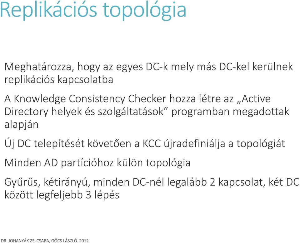 programban megadottak alapján Új DC telepítését követően a KCC újradefiniálja a topológiát Minden AD