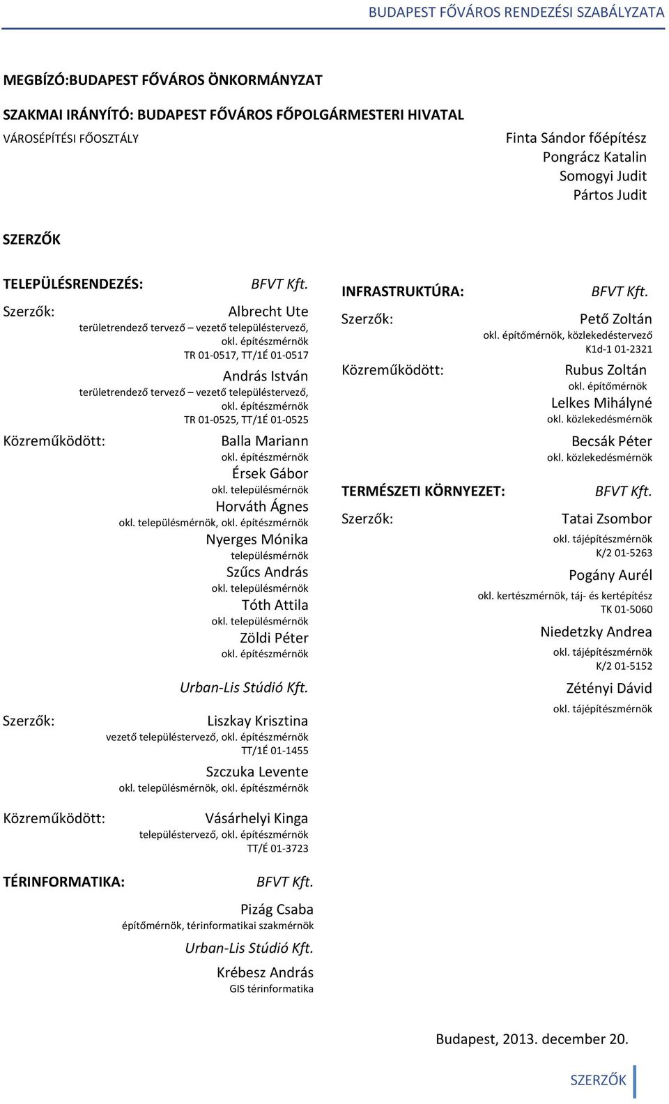 építészmérnök TR 01 0517, TT/1É 01 0517 András István területrendező tervező vezető településtervező, okl. építészmérnök TR 01 0525, TT/1É 01 0525 Balla Mariann okl. építészmérnök Érsek Gábor okl.