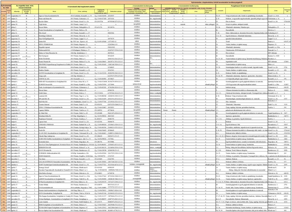 szám Statisztikai számjel A kereskedelmi tevékenység formája: üzletben, üzleten kívül, ügynöki, mozgóbolt, köz-területi, vásár piac,közvetlen, bevásárlóköz- pont, A kereskedelmi tevékenység mőködési
