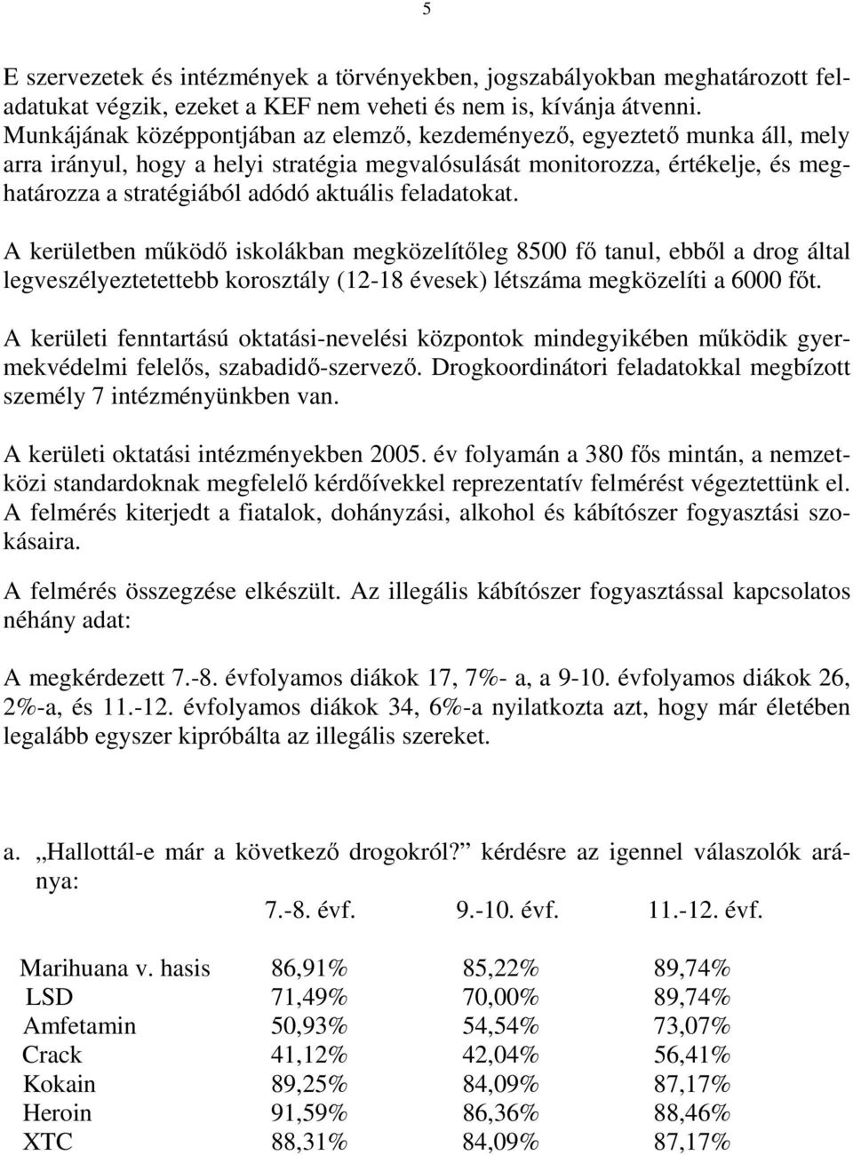 feladatokat. A kerületben mőködı iskolákban megközelítıleg 8500 fı tanul, ebbıl a drog által legveszélyeztetettebb korosztály (12-18 évesek) létszáma megközelíti a 6000 fıt.