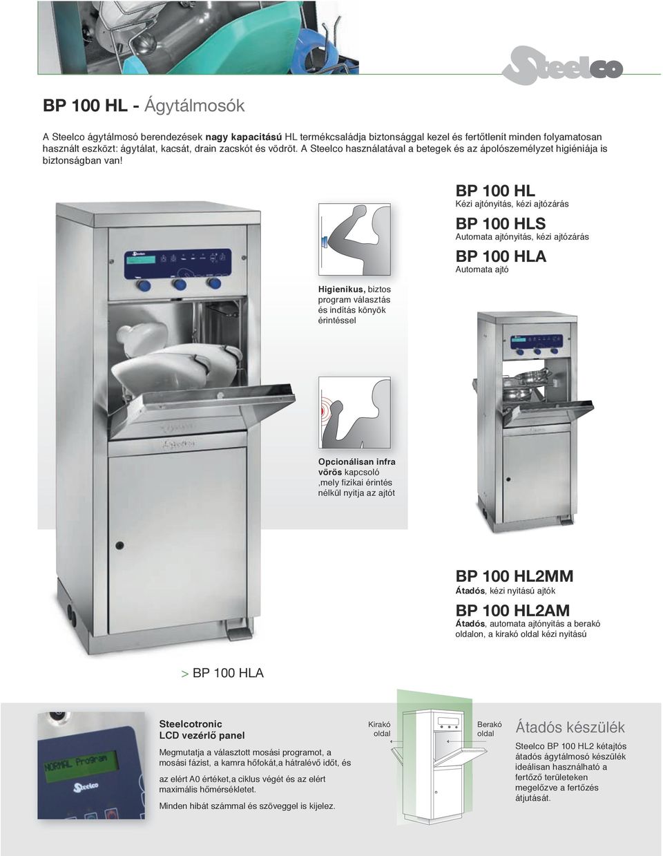 Higienikus, biztos program választás és indítás könyök érintéssel BP 100 HL Kézi ajtónyitás, kézi ajtózárás BP 100 HLS Automata ajtónyitás, kézi ajtózárás BP 100 HLA Automata ajtó Opcionálisan infra