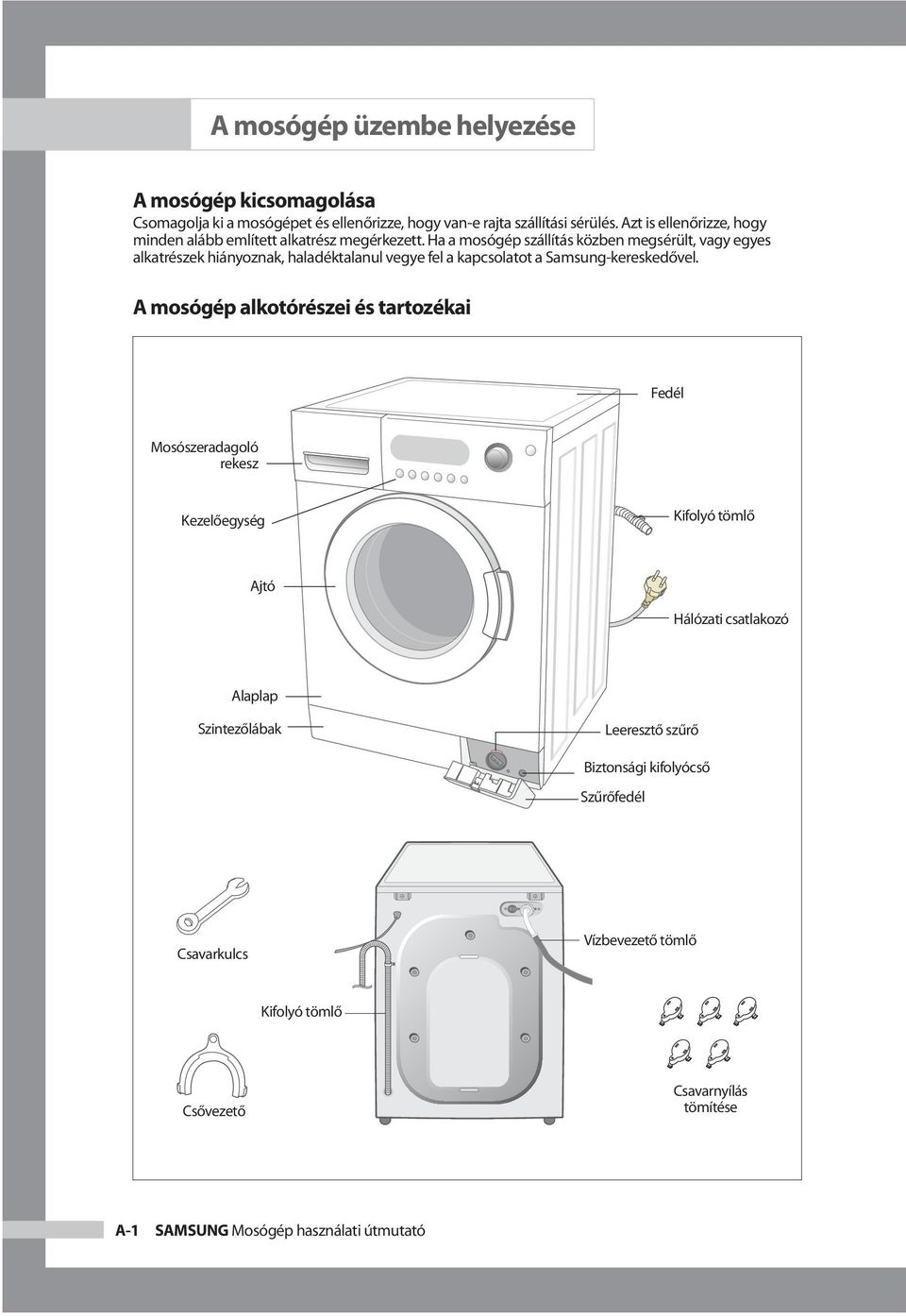 Ha a mosógép szállítás közben megsérült, vagy egyes alkatrészek hiányoznak, haladéktalanul vegye fel a kapcsolatot a Samsung-kereskedővel.